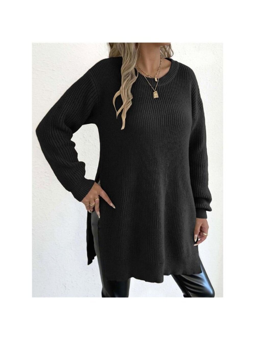 Side-Slit Dropped Shoulder Sweater